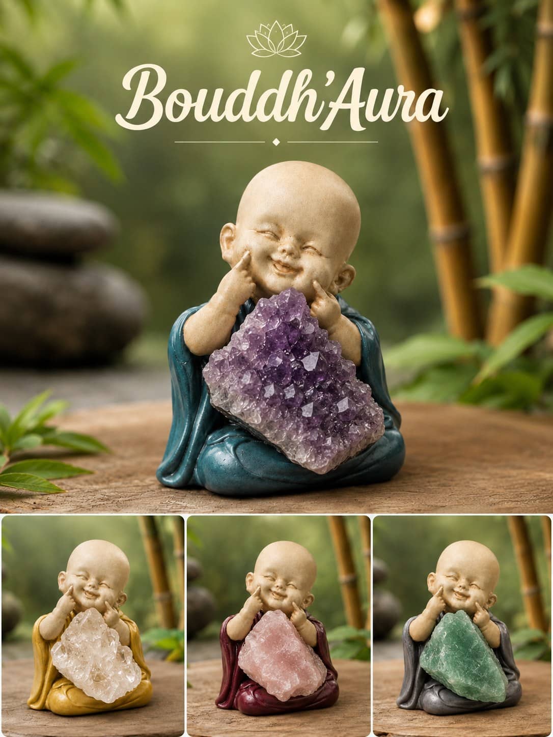 Bouddh'Aura — Bouddha en argile avec pierre précieuse