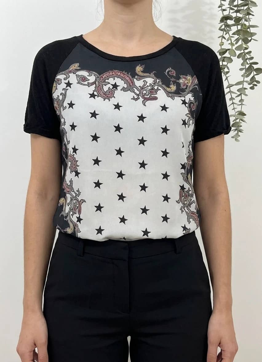 Top Sandro soie et lin imprimé étoiles paisley noir taille 2/M - DN26089