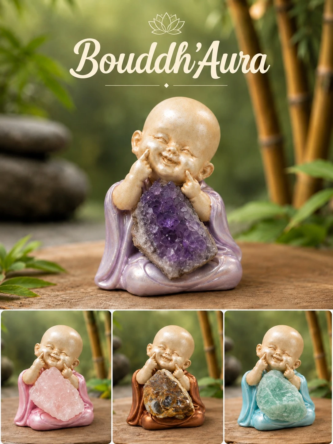 Bouddh'Aura — Bouddha en argile avec pierre précieuse